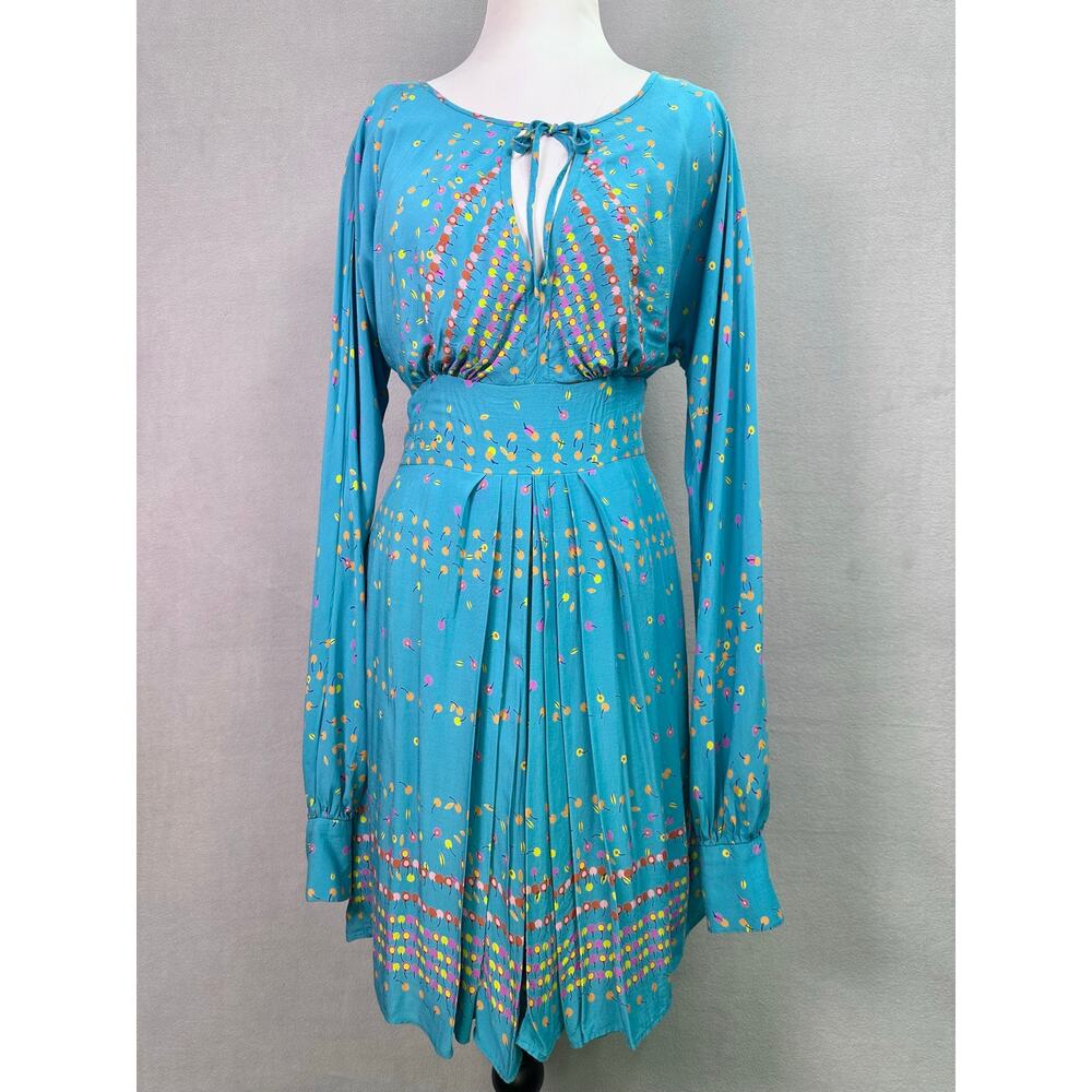 Free People Coryn Mini Dress Cherry Print Teal Blue Green Cut Out Pleated Size 4 - Picture 2 of 12